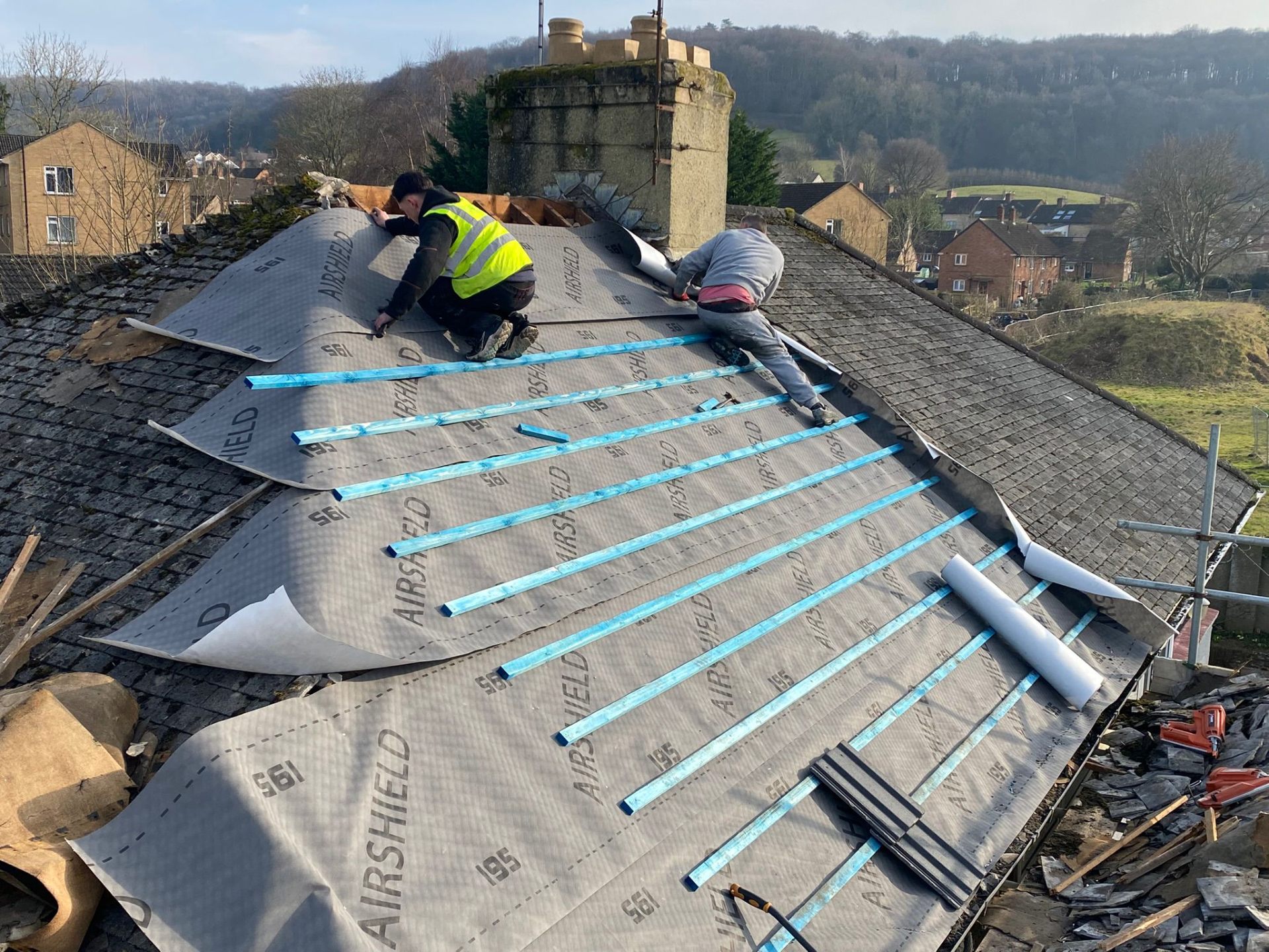 Airshield breathable membrane installed with battens during a full roof replacement
