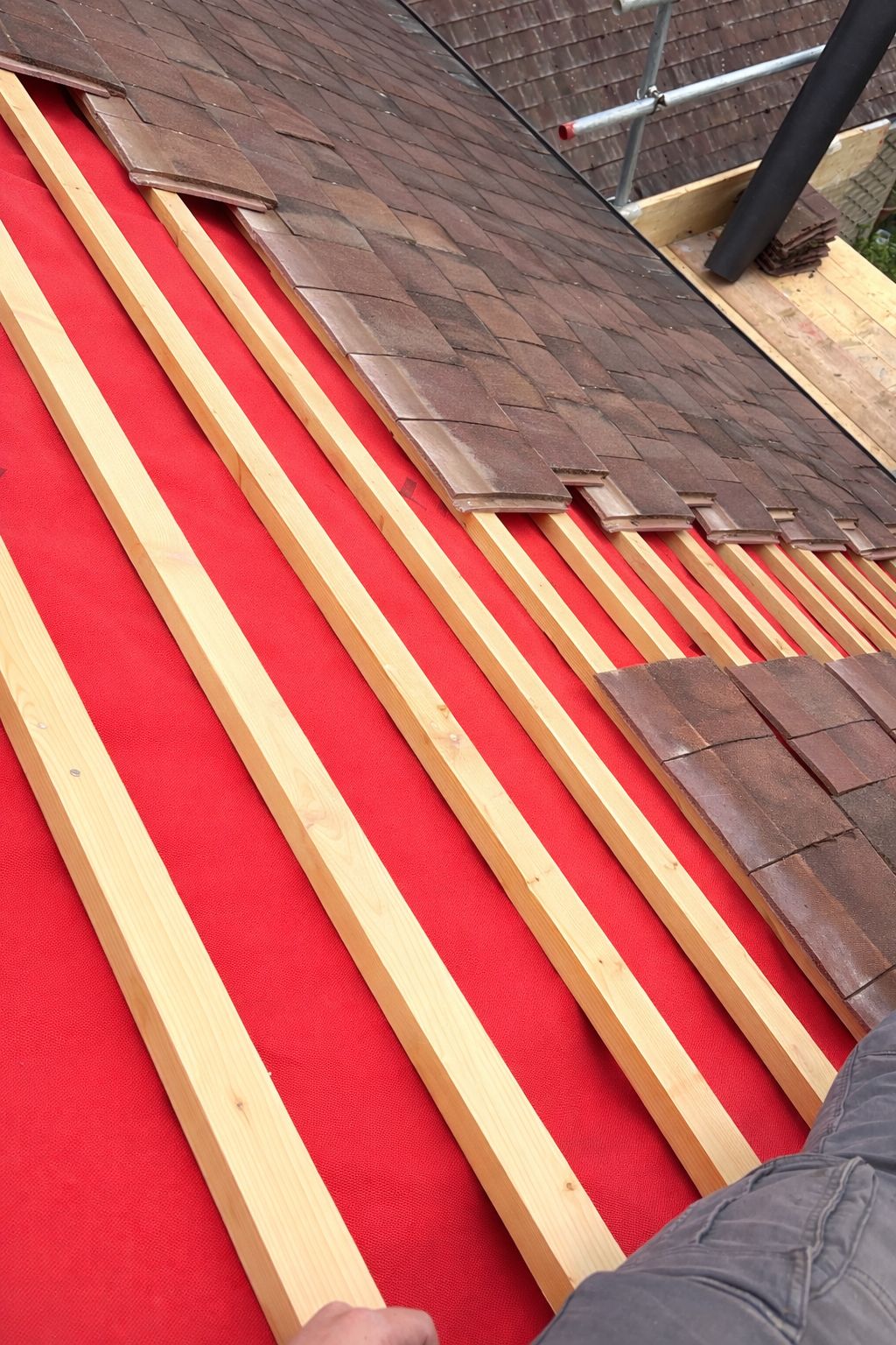 Red roofing membrane with timber battens and tiles during a new roof installation